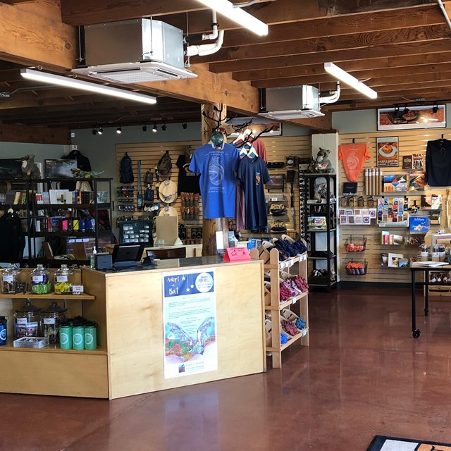Interior of Glen Canyon Conservancy store selling books, souveniers, and other goods
