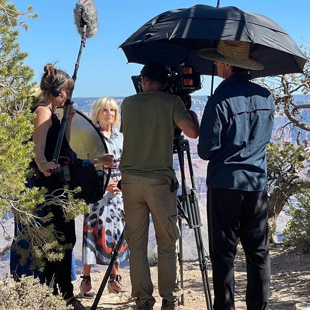 First Lady, Jill Biden, is filmed with the Grand Canyon landscape as a backdrop