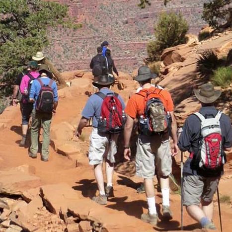 Several hikers walking down Bright Angel Trail; towering cliffs behind them.