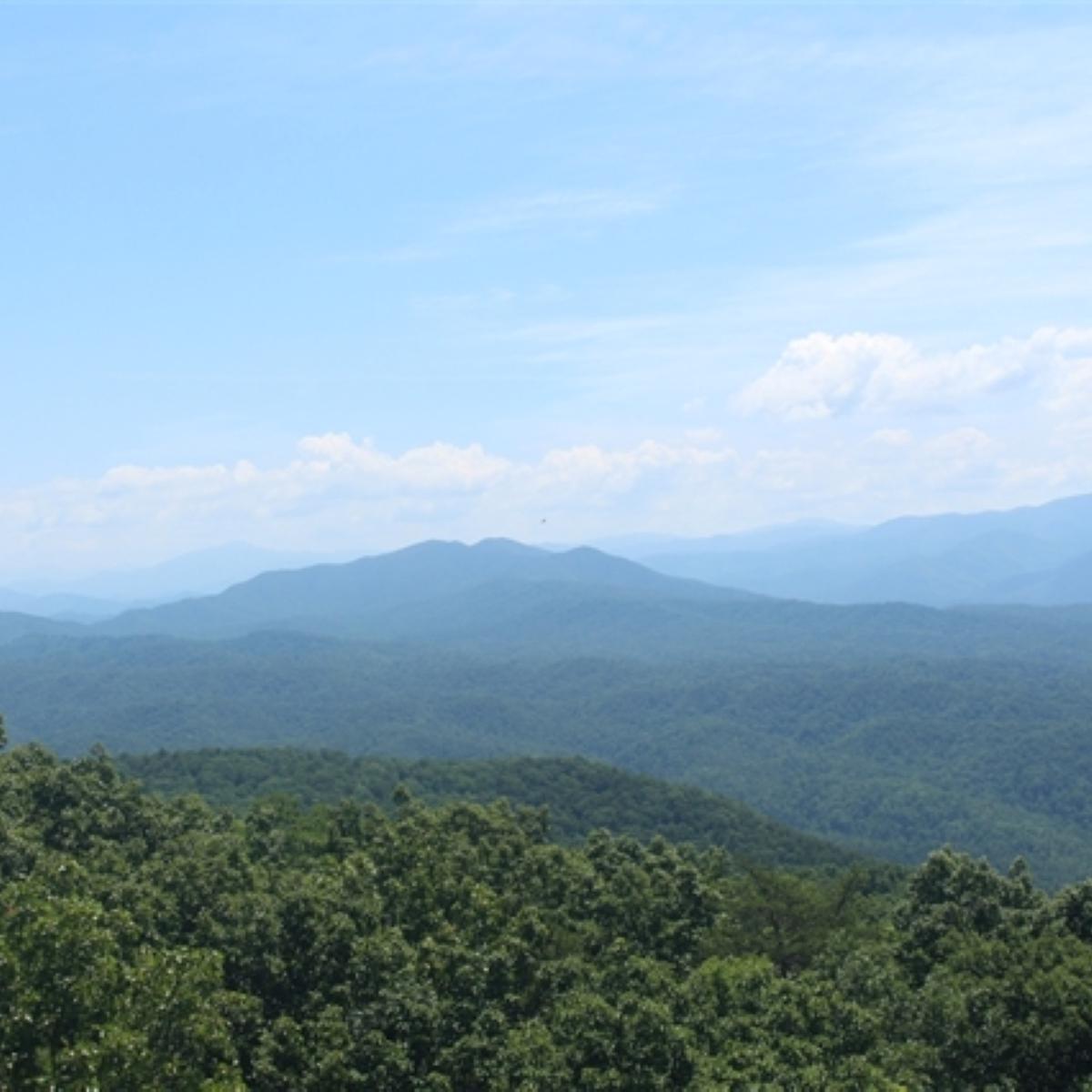 A partly cloudy sky above rolling blue-green mountains and dark green forests