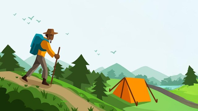 Illustration of a hiker walking along a trail through a forest towards an orange tent. 