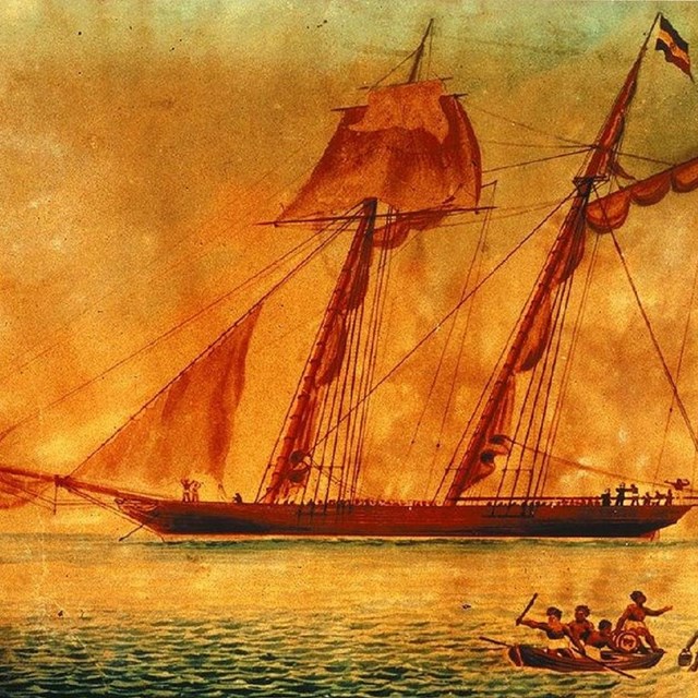 Oil painting of the Amistad off the coast of Long Island. New Haven Museum.
