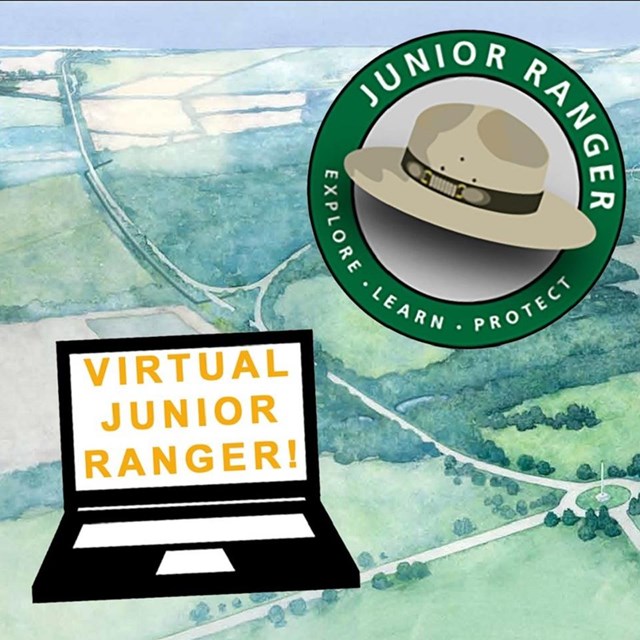 Cover a Junior Ranger book that includes images of a countryside, laptop, and Junior Ranger logo
