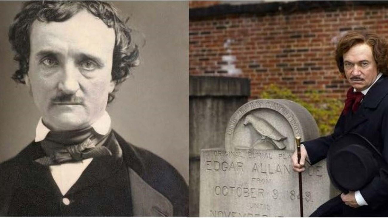 side by side images of Edgar Allan Poe and David Keltz, Poe actor