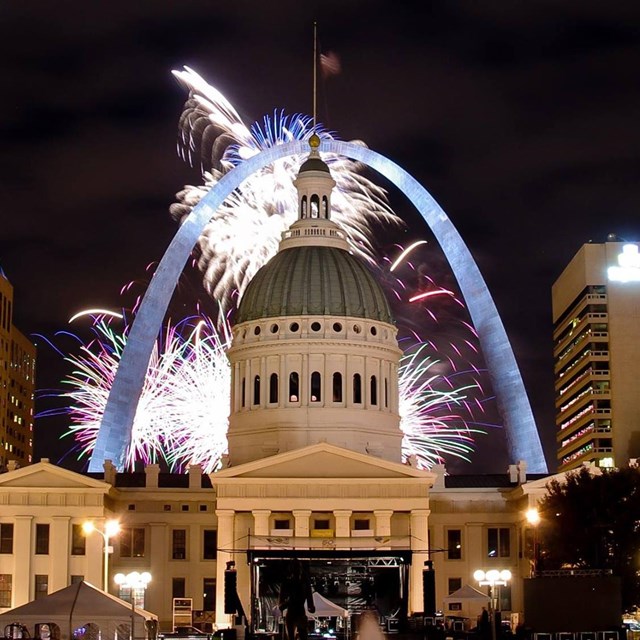 fireworks behind the Old Courthouse