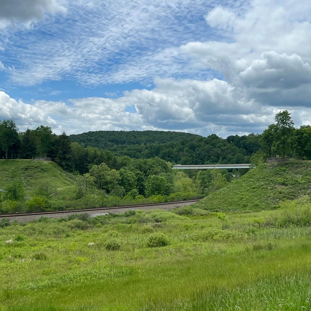 Grass covered remains of an earth dam.