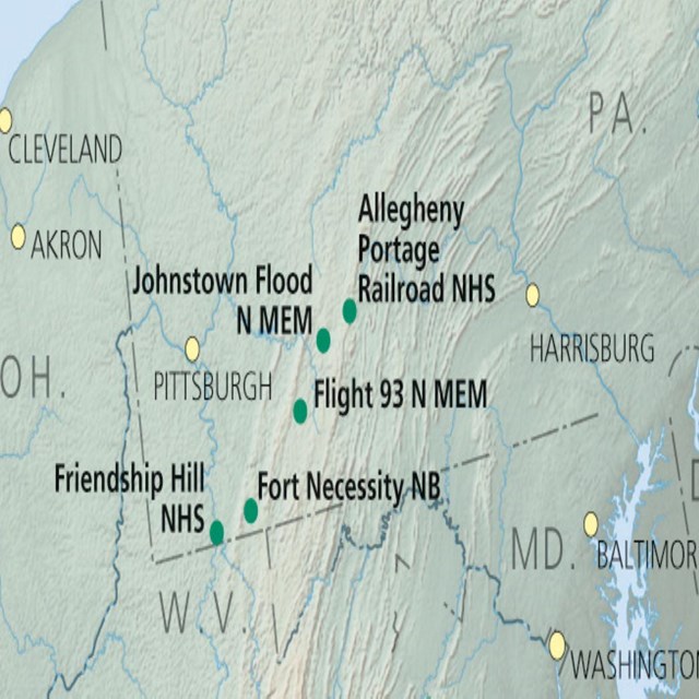 A map with dots indicating the location of five parks.