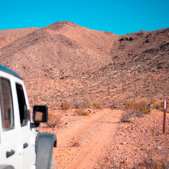 A jeep driving on a desert dirt road with a mountain and blue sky in the background