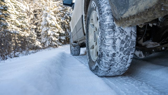 A car tire sits on a snow packed road with trees in the background. 