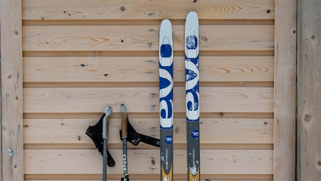 Skis and ski poles lean up against a tan-brown wooden structure with horizonal slats. 