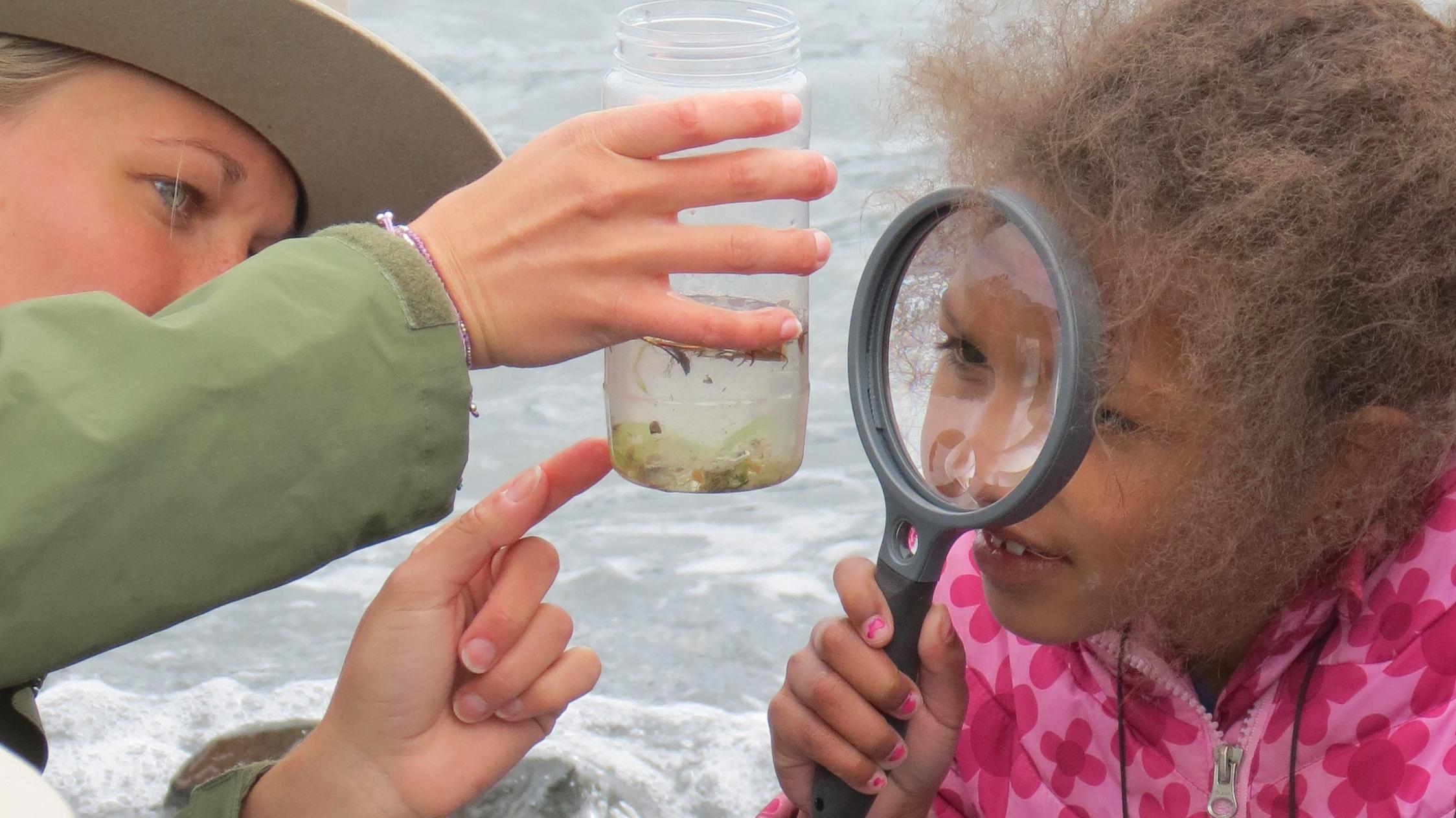 A ranger holds up a bottle of plankton for a kid to examine with a hand lens