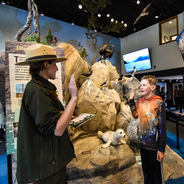 A park ranger swears in a new Junior Ranger in the Visitor Center
