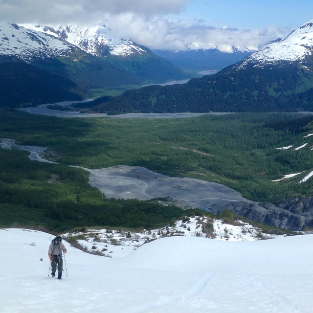 A ranger hikes up steep snow with a green valley and snow-covered mountains beyond.