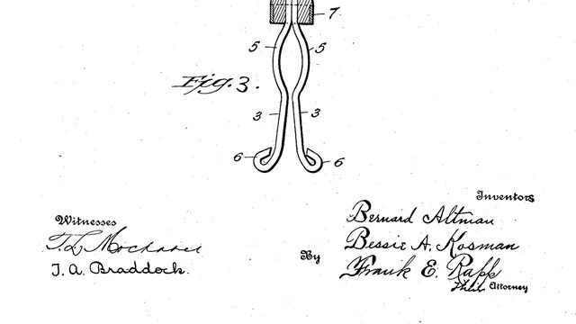 Black and white drawing of Altman Kosman Clothespin Patent
