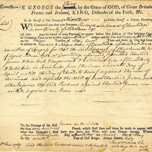 1769 court document detailing a suit brought by a formerly enslaved man against his enslaver.