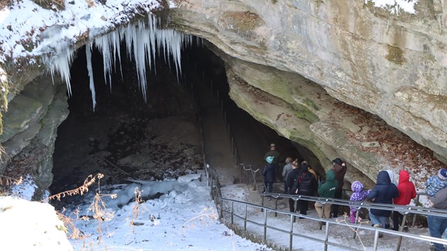 A group of people walk down a staircase into a cave opening with icicles along its ledge.