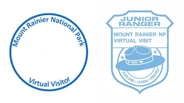 Two simple stamps, one circular, one in the shape of a badge, for Mount Rainier Virtual Visitors. 