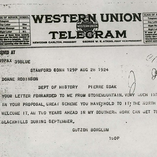 Scanned image of Gutzon Borglum's telegram reply to Doane Robinson.