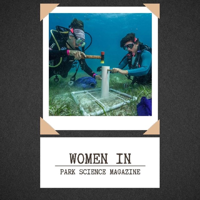 two women scuba diving underwater using scientific tools