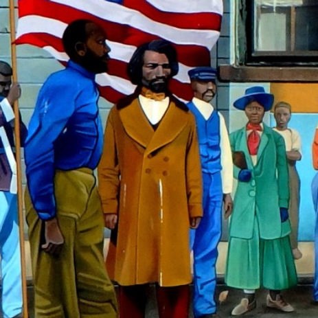 Mural depicts recruitment for the 54th regiment, while Frederick Douglass stands with flag bearer