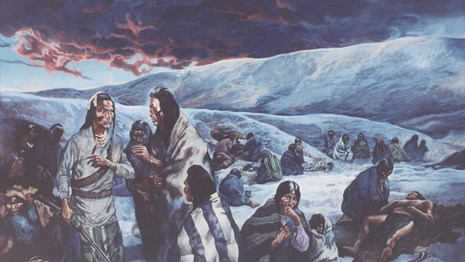 Painting of Nez Perce people in a snowy landscape with foreboding clouds.