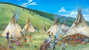 A painting that shows several tipis and Nez Perce men, women, and children.