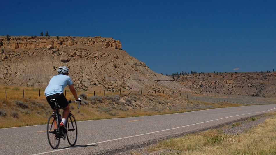 A man riding a bicycle on a road with canyon walls in the background.