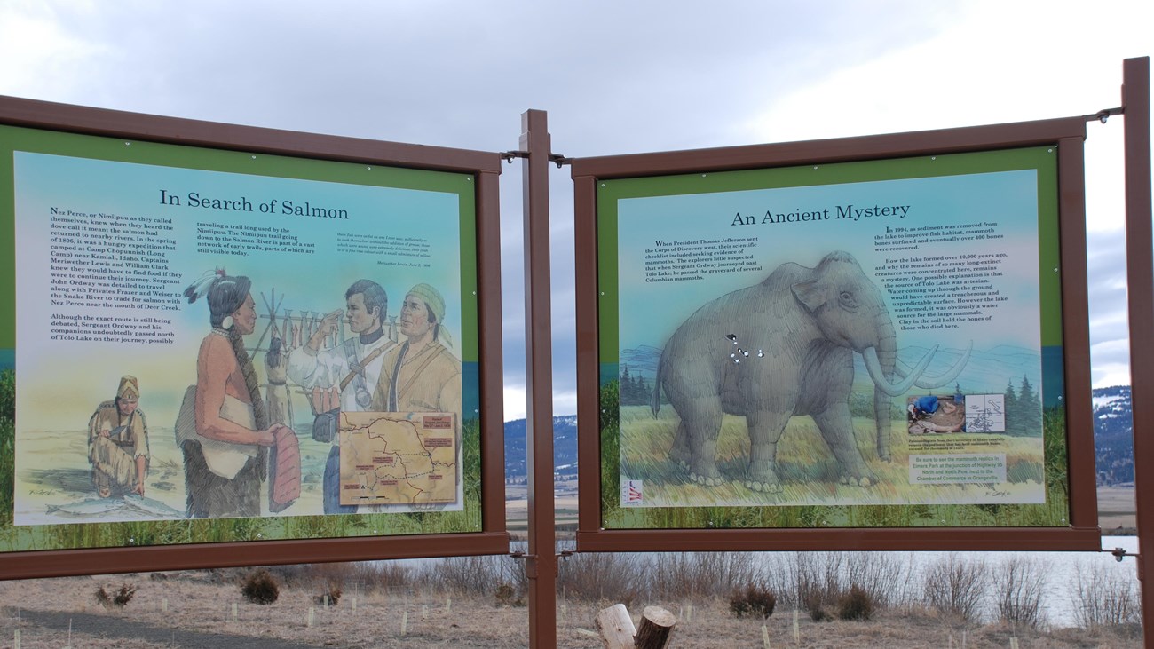 A sign with two informational panels about the history of Tolo Lake is situated on the Lake's Shore.