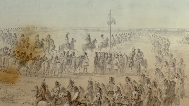 Watercolor painting depicting the arrival of the Nez Perce at Walla Walla Treaty May the 24, 1855.