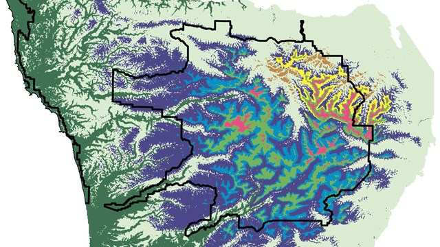 Colorful map of eight potential vegetation zones found on the Olympic Peninsula