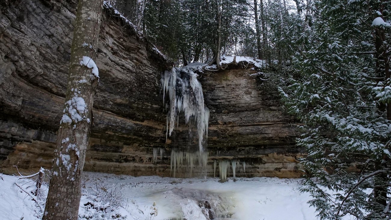 A semi-frozen waterfall seeps out of sandstone cliffs.