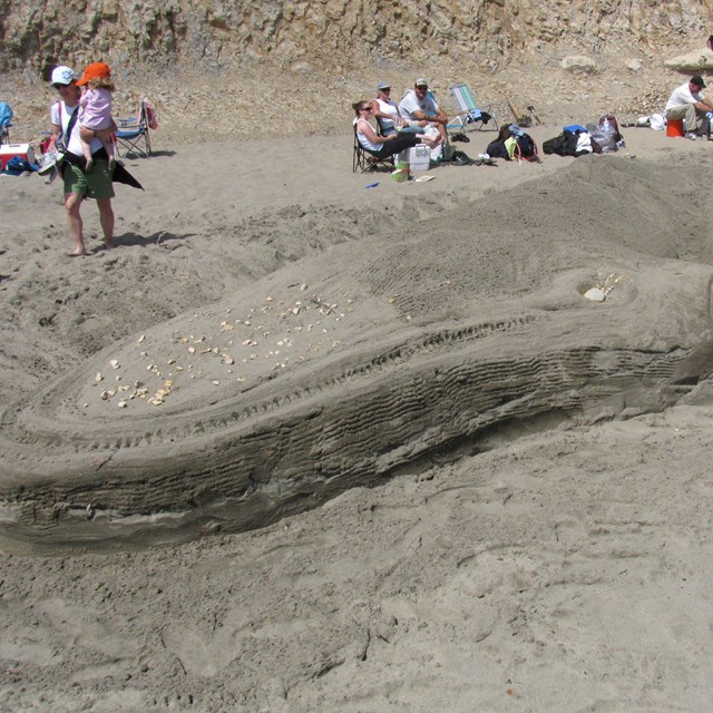 A sand sculpture of a blue whale with a calf by its side.