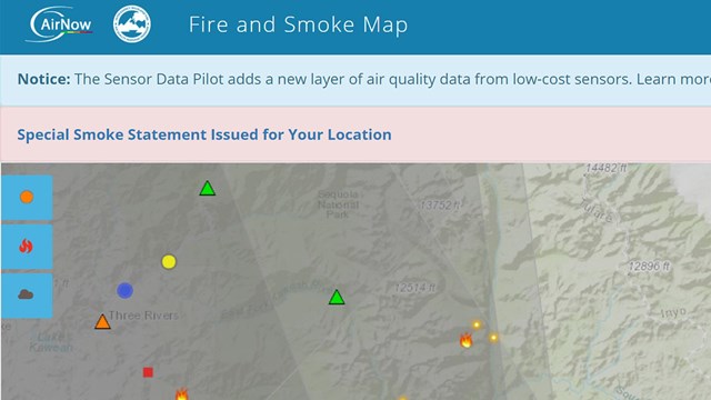 A map of the region, with markers for air quality stations showing current conditions