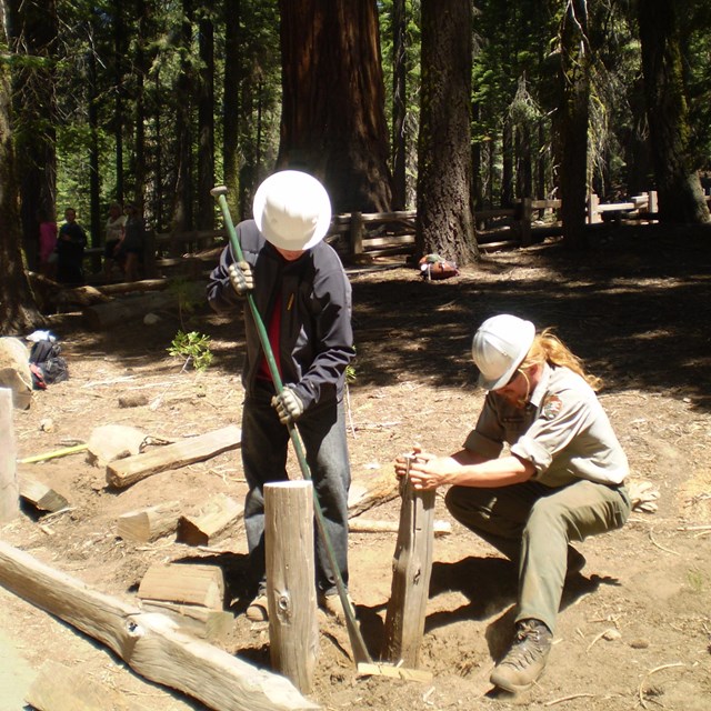 A volunteer and a NPS worker dig a hole for a fence post