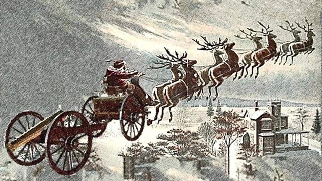 Old engraving of Santa and his reindeer pulling a cannon. 