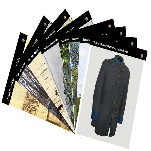 Trading cards fanned out, with the top card showing a grey Confederate coat with blue cuffs.