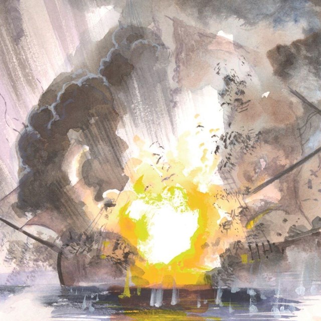 Color illustration of a small ship exploding on the water.