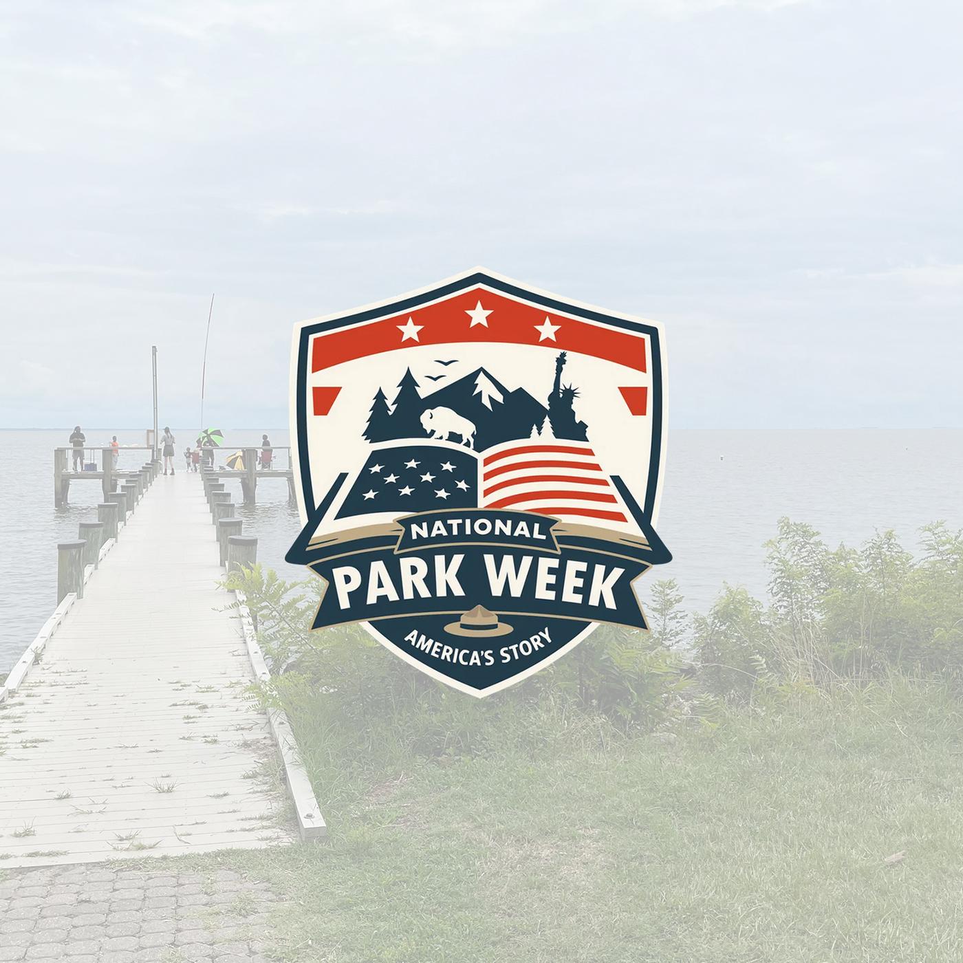 National Park Week 2026 logo on a faded picture of a dock with people fishing