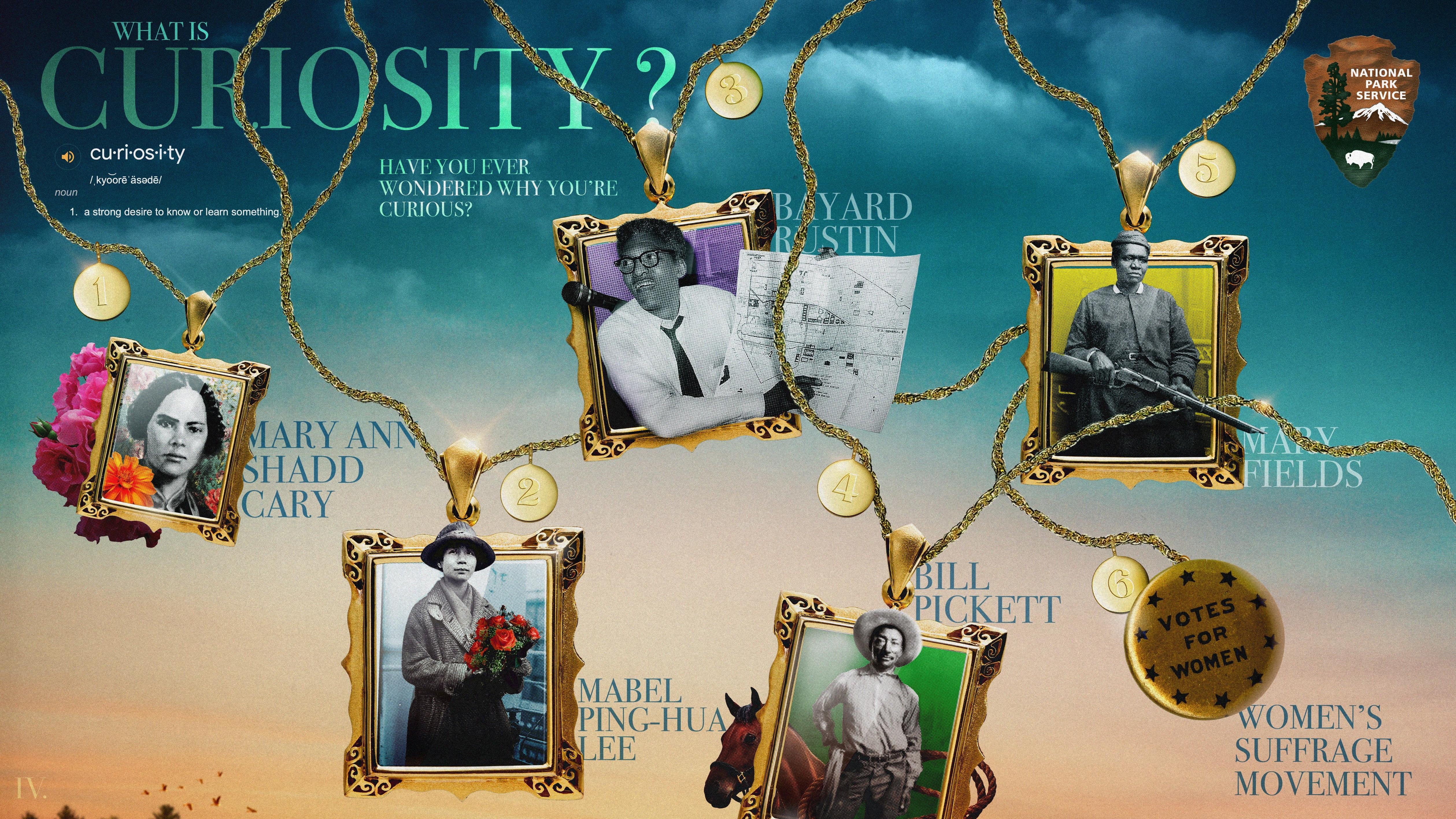 Infographic depicting the word "curiosity" and historical images of people. 