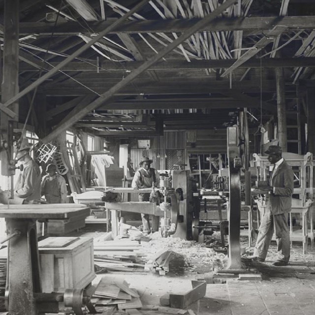 Tuskegee Institute students in a wood workshop, circa 1902