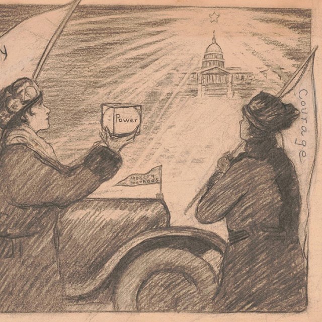 Drawing of three suffragists holding up ballot box with Capitol Building in distance. 