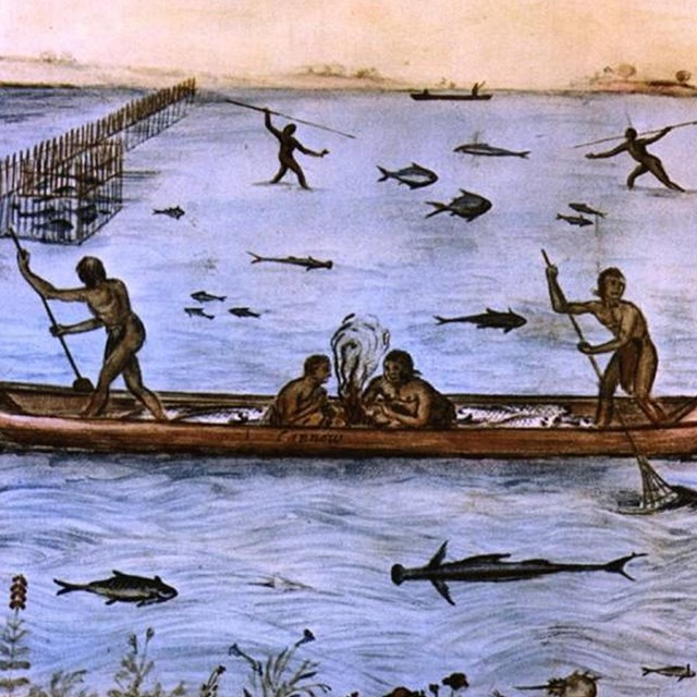 drawing of indigenous people fishing. 