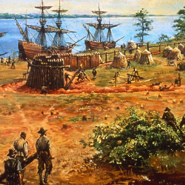 Painting of men walking to colonial town with ships. Photo: Sidney E. King, Colonial National Park 