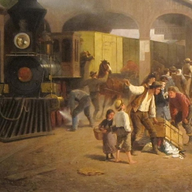 Painting of people arriving in the west by railroad. 