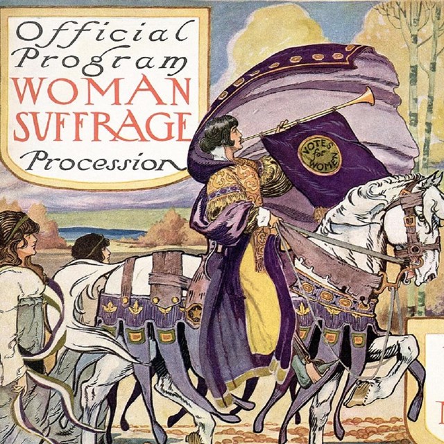 Brochure of women's suffrage parade with a woman on horseback. 
