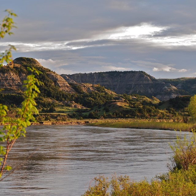 Little Missouri River with green prairies and tall buttes.