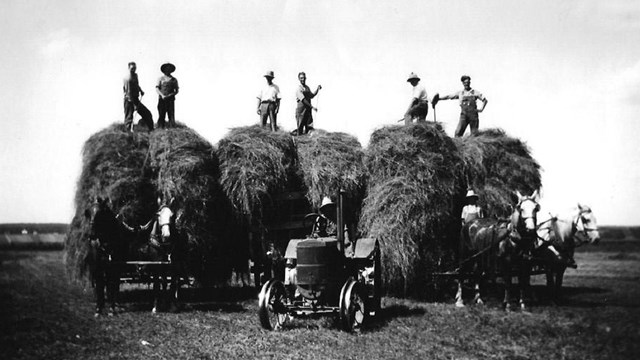 men standing on top of hay stacks behind horses and a tractor