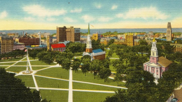 postcard areal view of new haven green