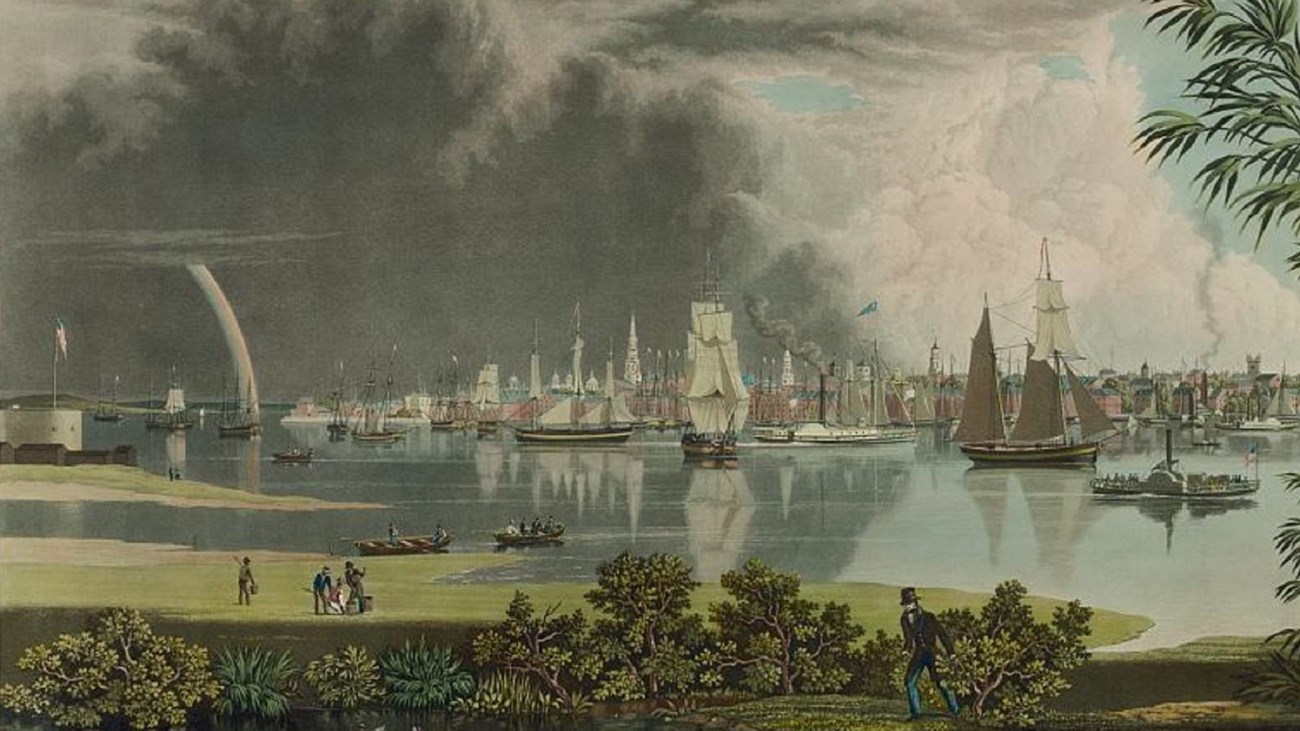 Painting of 19th century Charleston with harbor and ships in background. 