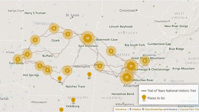 Google map with pinpoints on sites associated with the Trail of Tears. NPS photo